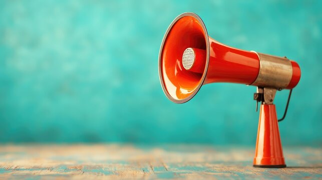 A vibrant orange megaphone against a soft blue background, ideal for conveying messages or announcements in any setting.