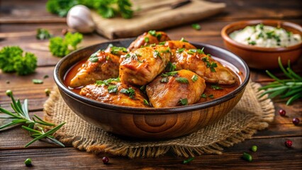 Fototapeta premium Bowl of seasoned chicken with savory sauce and fresh green herbs , food, chicken, bowl, sauce, savory, herbs, green, fresh