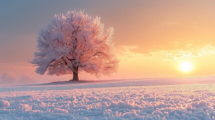 Frost-Covered Tree at Sunrise in Snowy Landscape