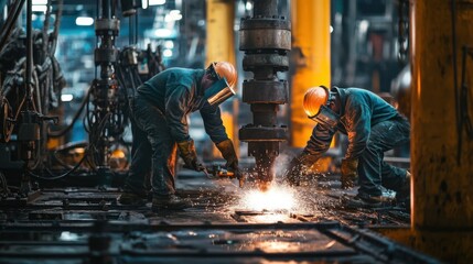 Oil workers wearing protective gear operating heavy machinery in an industrial setting, showcasing teamwork and safety measures in the oil industry