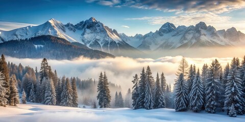 Stunning winter mountain landscape with snow-capped peaks, pine trees, and misty atmosphere, mountains, snow, winter, landscape