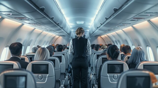 A flight attendant walks down the aisle of a plane with passengers seated