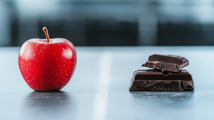 A juicy red apple and a piece of chocolate side by side on a clean background, illustrating the choice between healthy eating and indulgence for fitness goals