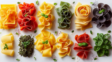 multicolored pasta and greenery on a light background