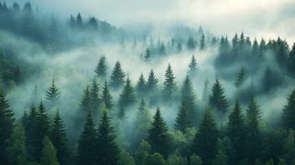 Misty landscape with spruce forest in morning 