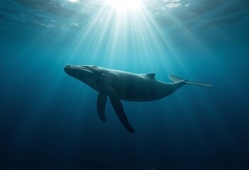 Naklejka premium Deep Blue Beauty: A Whale Basking in the Sunlight Beneath the Ocean's Surface 