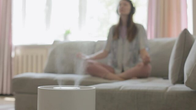 Air humidifier during relax, blurred young woman meditating with headphones. 