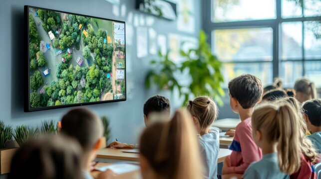 A group of children are sitting in a classroom and watching a television screen