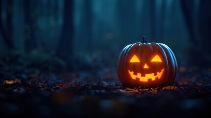 Naklejka premium Eerie Ghostly Pumpkin in Spooky Forest at Night Cartoon Style with Copy Space, Quality