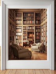 Fototapeta premium Cozy and Intellectual 3D Rendered Home Library with White Frame Mockup - Inviting Bookshelves,Plush Seating,and Thoughtful Ambiance in a Comfortable and Stylish Interior Design