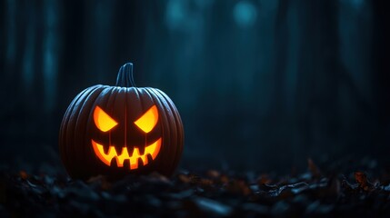 Obraz premium Spooky Cartoon Pumpkin in Haunted Woods on a Foggy Night with Copy Space, Selective Focus - Ultra HD