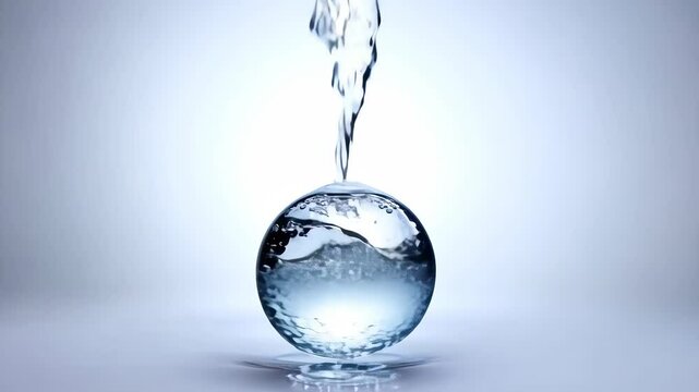 Realistic water bubble on blue backdrop. Abstract liquid distorted sphere