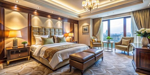 Luxurious hotel room with elegant decor and plush amenities, luxury, hotel, room, accommodation, upscale, elegant, decor