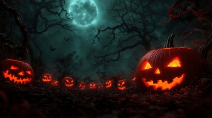Spooky Halloween Scene with Evil Jack O'Lanterns in Moonlit Pumpkin Patch Surrounded by Twisted Trees and Fog.