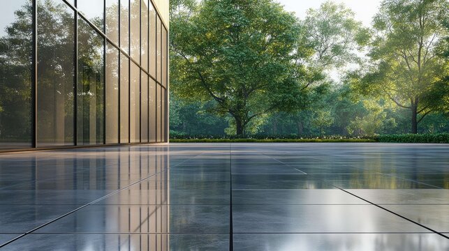 Modern building with glass facade and a tiled courtyard with a reflection of trees and greenery.