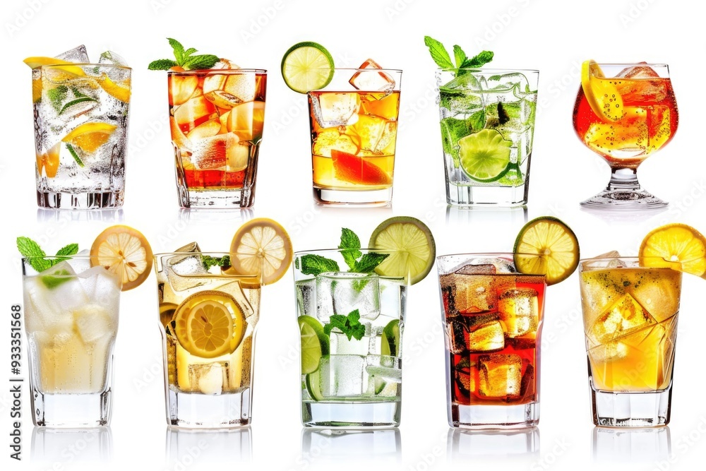 Poster various glasses filled with different types of drinks, great for party or cafe scene