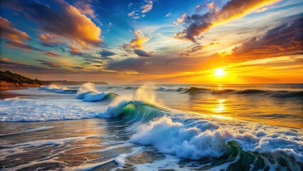 Obraz premium Crashing waves in the sunset at an amazing coastline, waves, sunset, coastline, ocean, horizon, water, nature, beauty