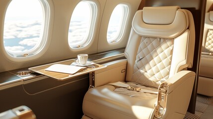 A white airplane seat with a tray table and a cup on it