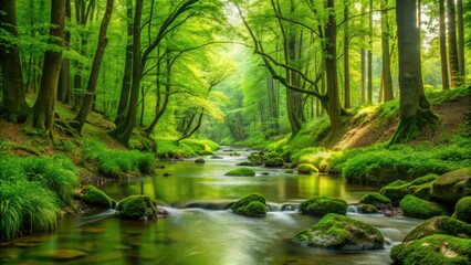 Fototapeta premium A small stream flowing through a lush green forest, nature, forest, trees, serene, peaceful, tranquil, water, creek