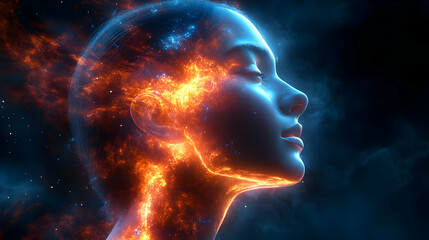 Obraz premium A woman's face is engulfed in a fiery nebula, eyes closed and a peaceful expression.