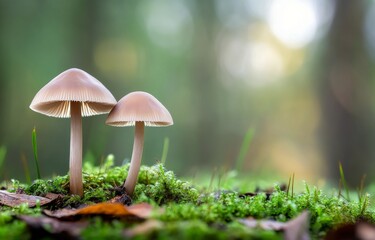 Fototapeta premium Two mushrooms growing on moss in a forest during autumn morning light
