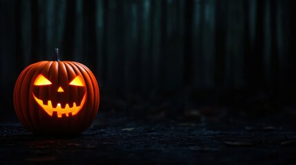 Obraz premium Spooky Cartoon Pumpkin with Glowing Eyes in Haunted Forest Shadows - Halloween Jack O' Lantern in Eerie Atmosphere