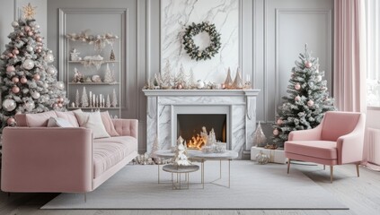 White and gray living room with pink sofa, fireplace decorated for Christmas 