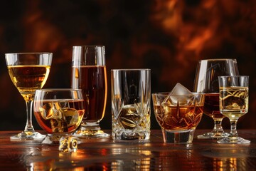 Group of glasses with various alcohols, perfect for party or bar scene