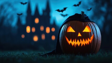 Fototapeta premium Mysterious Vampire Pumpkin in Cape and Fangs at Spooky Castle with Bats - Halloween Fantasy Scene with Copy Space in