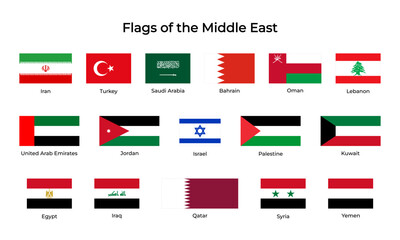 Set of all flags of the Middle East countries isolated on a transparent background. Correct proportions and colors. Vector illustration