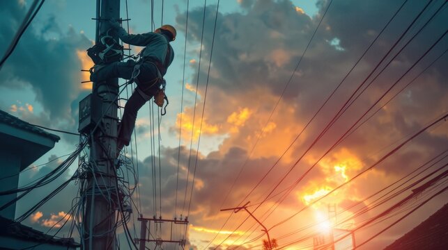 A worker climbs a telephone pole to fix electrical wires
