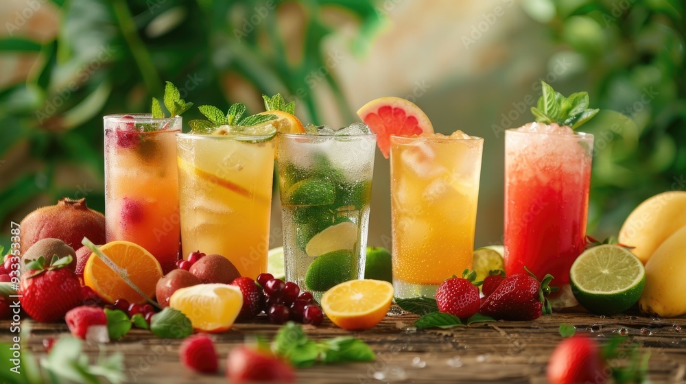 Poster a colorful arrangement of various fruits and beverages on a table
