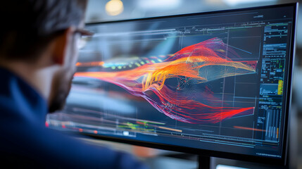  an aerospace engineer designing a supersonic aircraft wing, computational fluid dynamics simulation on screen