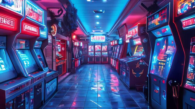 A nostalgic neon-lit arcade with rows of vintage game machines, showcasing a colorful and retro ambiance
