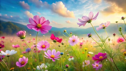 Impressionist painting of vibrant cosmos flowers swaying in gentle meadow breeze in serene countryside landscape