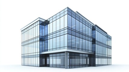 Fototapeta premium Modern glass building with large windows and an entrance on a white background.