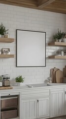 Cozy and inviting farmhouse-style kitchen interior with shaker cabinets,open shelving,white subway tile,and a mockup frame against a white background,creating a warm and minimalist living space.