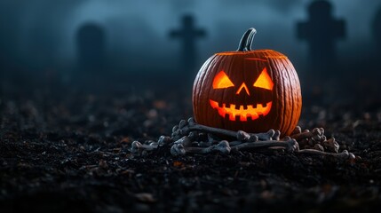 Sinister Halloween Pumpkin on Bone Pile in Eerie Graveyard Fog with Copy Space, Selective Focus - Ultra HD