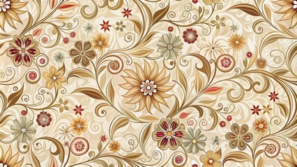 Seamless floral pattern with abstract flowers and swirls on beige background, floral, seamless, repeating, abstract, flowers