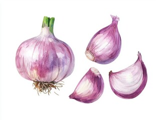 Watercolor Illustration of Whole and Sliced Red Onion A realistic watercolor painting depicting a whole red onion with several peeled slices, showcasing the vibrant colors and textures