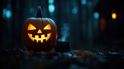 Obraz premium Malevolent Witch Pumpkin Stirring Cauldron in Dark Cabin - Halloween Horror Concept with Copy Space, Selective Focus - Ultra HD Quality
