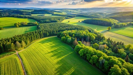 Fototapeta premium Green forest and field in rural Germany, captured from above in summer , Aerial photography, Top down view, Nature