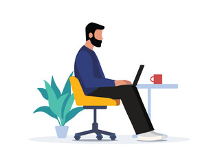 Vector flat design illustration of man sitting in chair and working on laptop in cozy interior - home office, remote working