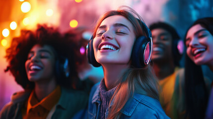 Diverse young people wearing headphones, each beaming with happiness as they listen to music together, with a colorful, abstract background representing unity and shared joy