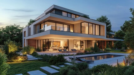Fototapeta premium Modern house with a swimming pool and a lush garden at dusk.