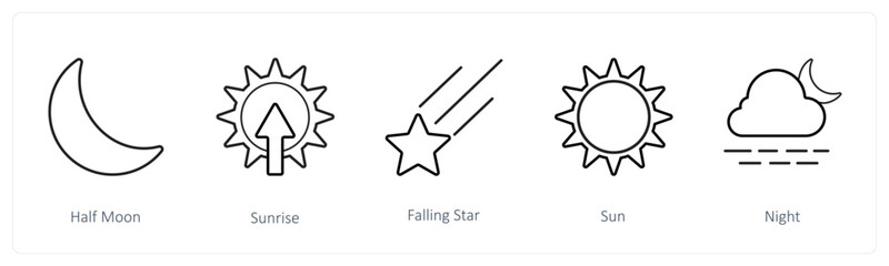 A set of 5 weather icons such as half moon, sunrise