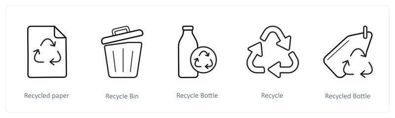 A set of 5 weather icons such as recycle paper, recycle bin