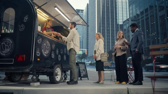 Diverse People Queuing on a Modern City Street to Order Delicious Coffee from a Small Food and Drinks Stall. Young Multiethnic Female Serving Customers and Making Refreshing Drinks To Go