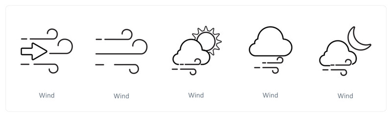 A set of 5 weather icons such as wind, air, windy day