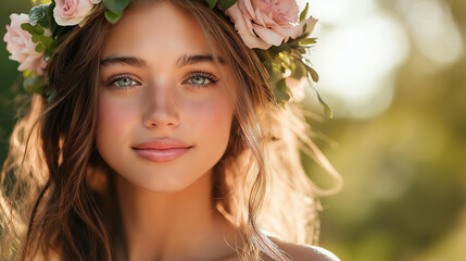 Fototapeta premium A tranquil woman with a floral crown, her skin glowing softly under the gentle sunlight, symbolizing natural beauty and well-being, set against a serene, nature-inspired background